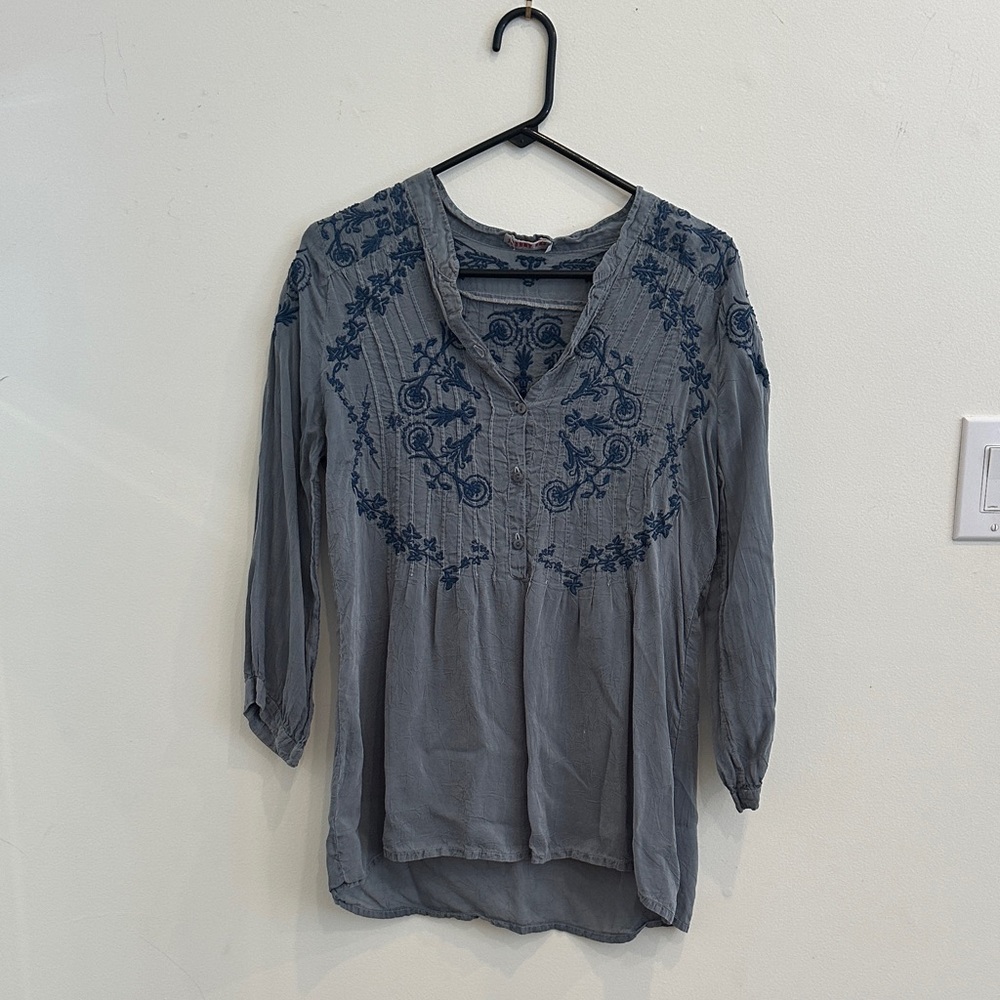 Johnny Was Blue Embroidered Blouse